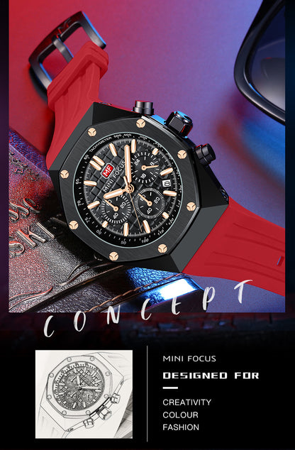 MINI FOCUS Polygon Design Alloy Quartz Wristwatch Luxury Brand Watch Men's High Quality Silicone Chronograph Sports Watch Clothing Company Sydney