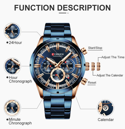 Men's Watch Luxury Sports Quartz Mens Watches Full Steel Waterproof Chronograph Wristwatch The Clothing Company Sydney