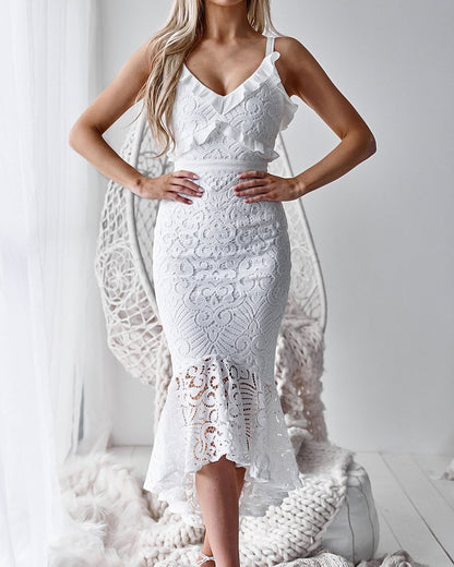 Summer White Lace Long Dress Spaghetti Strap Ruffle Sexy Bodycon Party Dress The Clothing Company Sydney