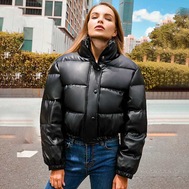Winter Warm Thick PU Leather Coats Women's Short Parkas Fashion Black Cotton Padded Down Jacket With Elegant Zipper The Clothing Company Sydney
