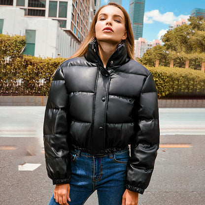 Winter Warm Thick PU Leather Coats Women's Short Parkas Fashion Black Cotton Padded Down Jacket With Elegant Zipper The Clothing Company Sydney