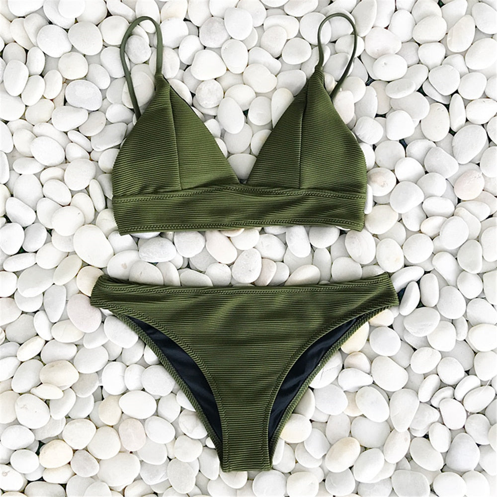 Army Green Solid Bikini Set Triangle Two Piece Swimwear Plain Beach Bathing Suit Swimsuits The Clothing Company Sydney