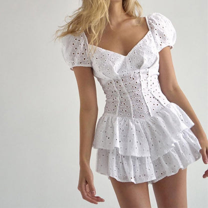 Hook Flower Mini Deep V Neck Vintage Puff Sleeve Short Summer Dress Boho Beach Sundress The Clothing Company Sydney