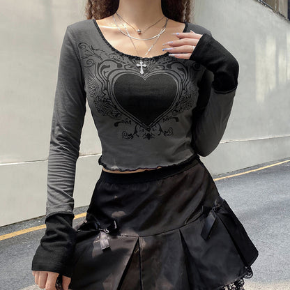Grunge Retro Fashion Heart Printed Autumn T-shirts for Women Crop Top Dark Academia Gothic Clothes Aesthetic T shirt The Clothing Company Sydney