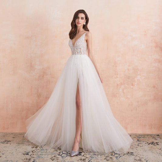 V Neck Wedding Dress White Ivory High Split Beaded Beading Pearls Crystal A Line Backless Bridal Gown The Clothing Company Sydney