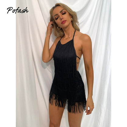 Solid Black Tassel Jumpsuits Spaghetti Strap Backless Club Party Playsuits Summer Rompers The Clothing Company Sydney