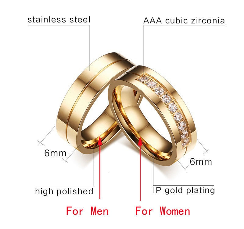 Trendy Wedding Bands Rings for Women Men Love Gift Gold-color Stainless Steel CZ Promise Couple Jewellery The Clothing Company Sydney