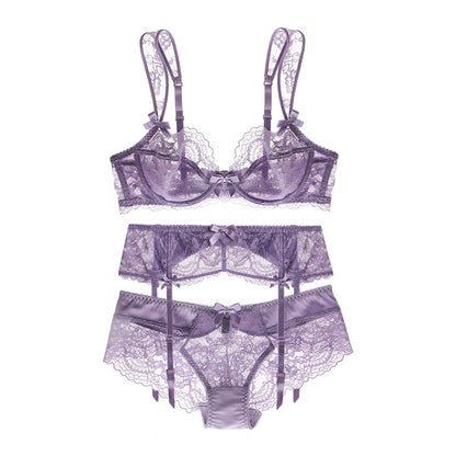 Ultra-Thin Gathered Plus Size Bowknot Floral Underwear Lace Strap Bra + Panties + Garte 3 Piece set The Clothing Company Sydney