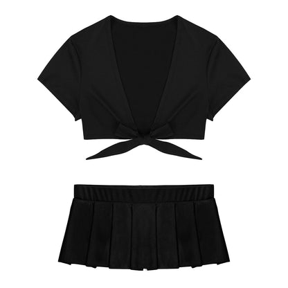 Adult's Cosplay Students Uniform Schoolgirl Costume Outfit Short Sleeve Night Clubwear Deep V Crop Top Pleated Mini Skirt The Clothing Company Sydney