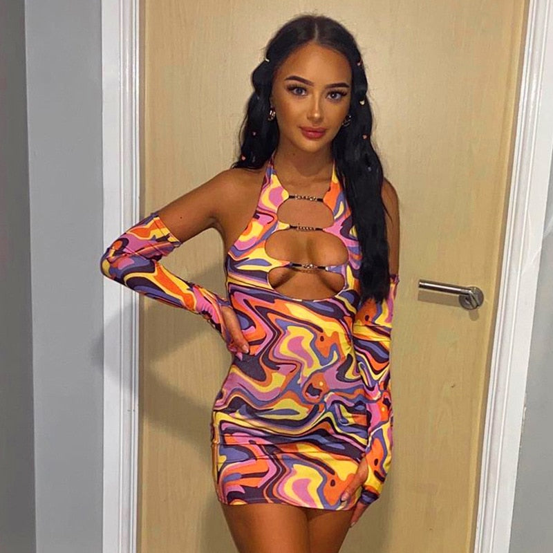 Print Halter Neck Cut Out Bodycon Mini Half Sleeve Backless Stretchy Summer Y2K Dress The Clothing Company Sydney