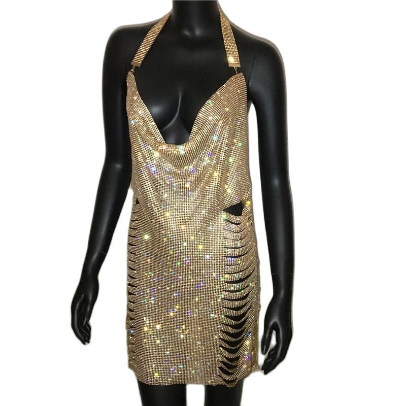 Gold Silver Rhinestone Tassel Chain Dress Women Hip High Split Luxury Party Halter Beach Nightclub Dress The Clothing Company Sydney