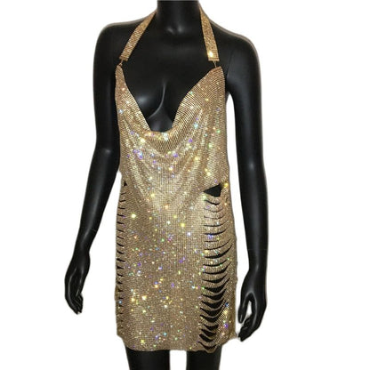 Gold Silver Rhinestone Tassel Chain Dress Women Hip High Split Luxury Party Halter Beach Nightclub Dress The Clothing Company Sydney