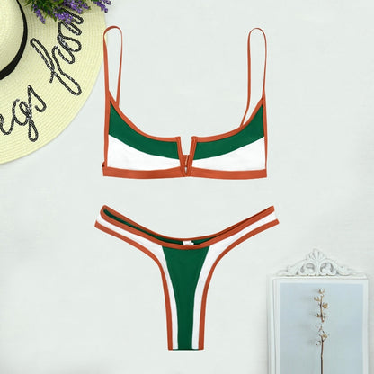 2 Piece Vintage Retro Bikini Patchwork Swimsuit Thong Brazilian Swimwear Summer Micro V-bar Green Bathing Suits The Clothing Company Sydney