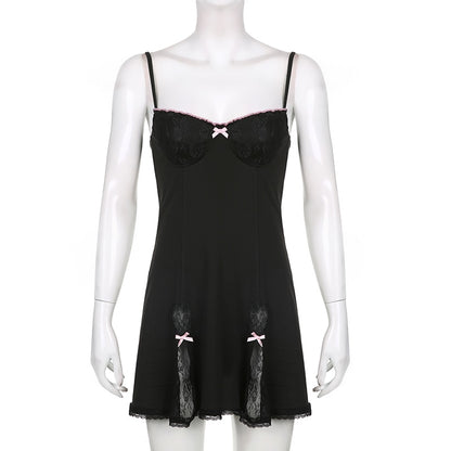 Y2K Retro Lace Patchwork Strap Bow Black Dress Mini Fashion Aesthetic Bow Club Party Dresses for Women Outfits The Clothing Company Sydney