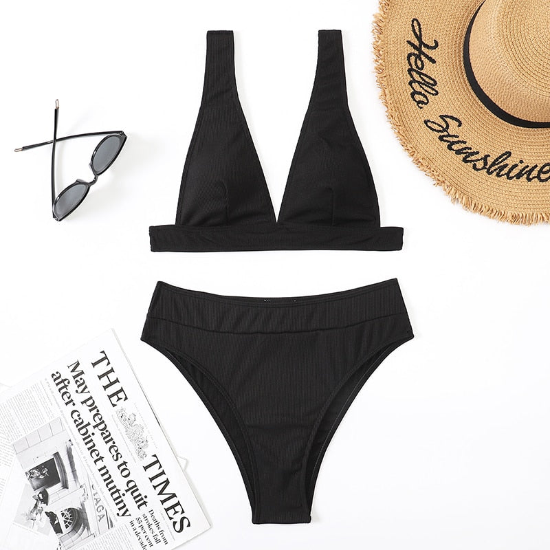 2 Piece Ribbed Bikini Women Swimsuit High Waist Swimwear V-neck Biquini Push Up Bathing Suit Women Black Bikini Set The Clothing Company Sydney
