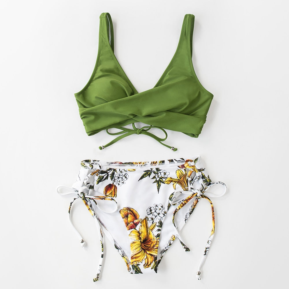 Yellow And Lemon Print Mid-Waist Bikini Sets Swimsuit Lace Up Two Pieces Swimwear Beach Bathing Suits The Clothing Company Sydney