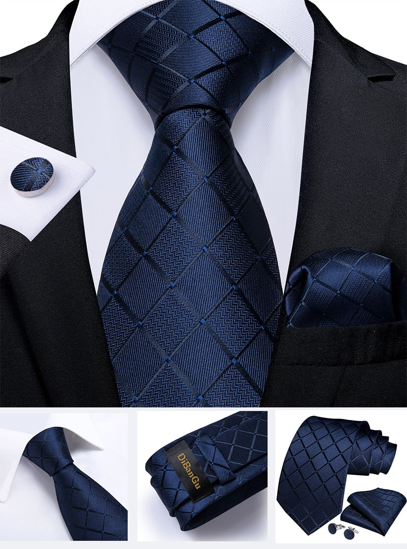 Classic 100% Silk Men's Ties 8cm Blue Plaid Dot Striped Business Necktie Handkerchief Wedding Party Tie Set The Clothing Company Sydney