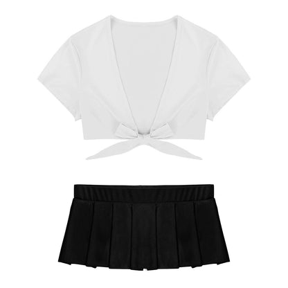 Adult's Cosplay Students Uniform Schoolgirl Costume Outfit Short Sleeve Night Clubwear Deep V Crop Top Pleated Mini Skirt The Clothing Company Sydney