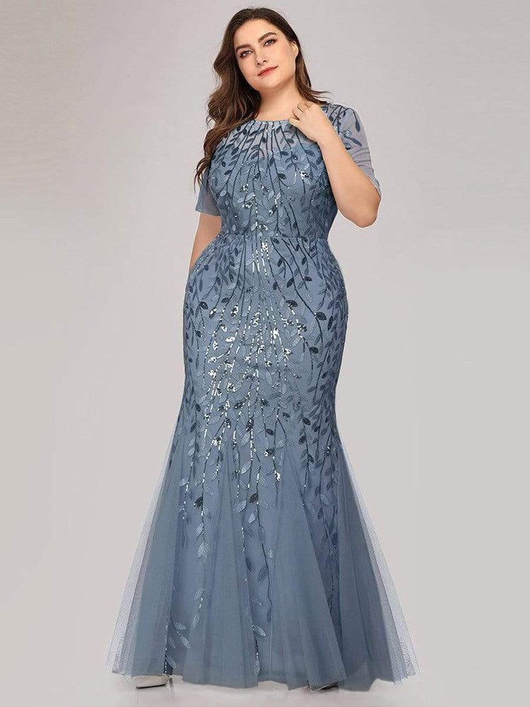 Plus Size Sequin Mesh Mermaid Slim Evening Beaded Leaves Pattern Formal Elegant Party Prom Gowns Short Sleeve Dress The Clothing Company Sydney