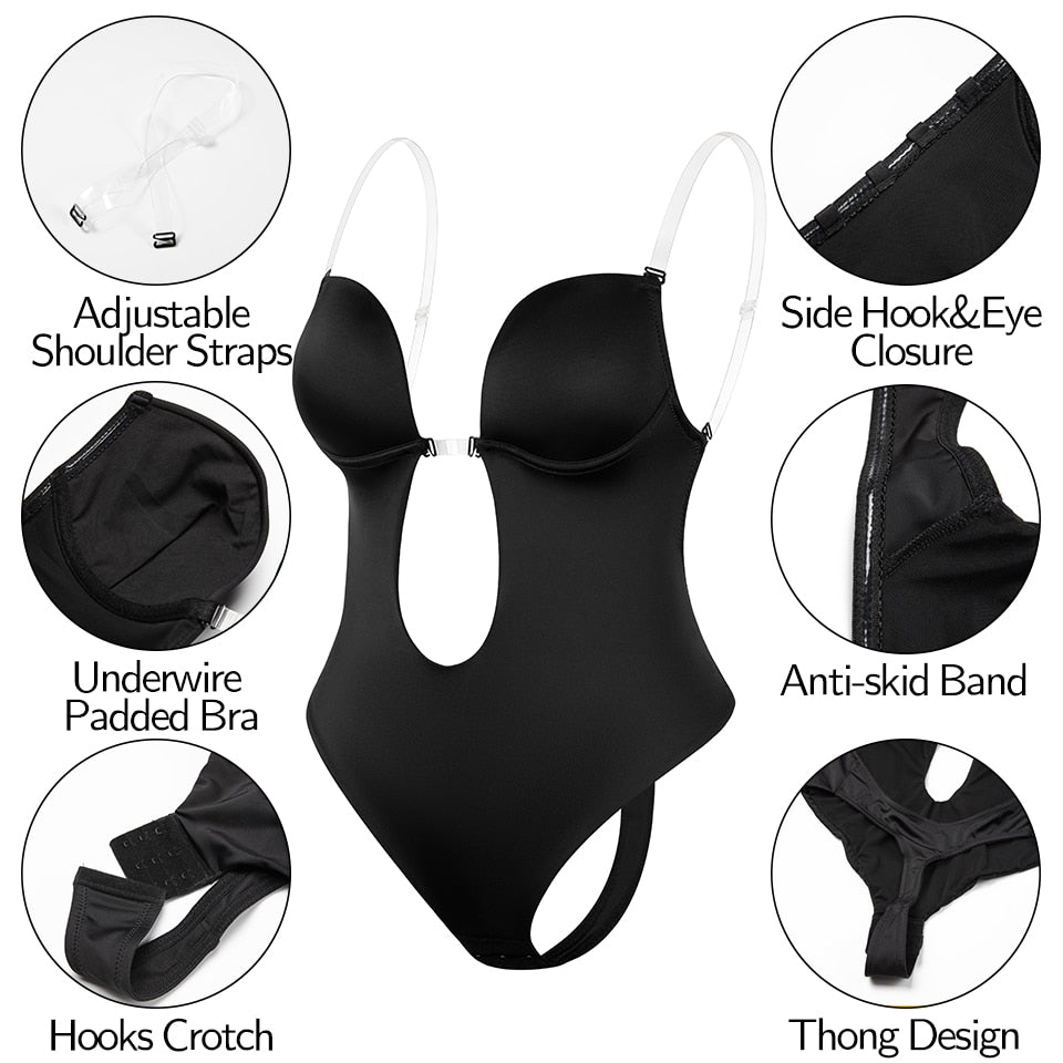 Shapewear Bodysuit Women Deep V-Neck Body Shaper Padded Bra Backless U Plunge Thong Shaper Waist Trainer Push Up Party Underwear The Clothing Company Sydney