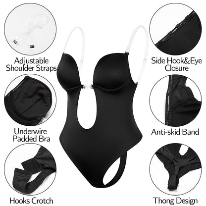 Shapewear Bodysuit Women Deep V-Neck Body Shaper Padded Bra Backless U Plunge Thong Shaper Waist Trainer Push Up Party Underwear The Clothing Company Sydney