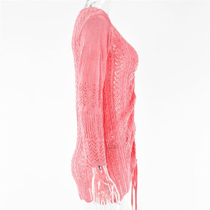 Knitted Hook Flower Hollow Out Drawstring Women Dress Blue Long Sleeve V-neck Dress Spring Slim Fashion Streetwear The Clothing Company Sydney