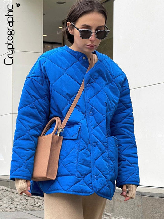 Women's Winter Blue Oversize Puffer Casual Fashion Warm Cotton Button Down Quilted Coat  Loose Jacket The Clothing Company Sydney