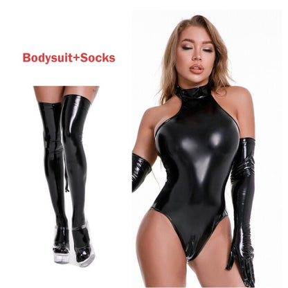PU Leather Lingerie Glossy Leather Bodysuits with Socks Gloves Women Wet Look Latex Catsuit Exotic Zip Open Crotch Costumes The Clothing Company Sydney