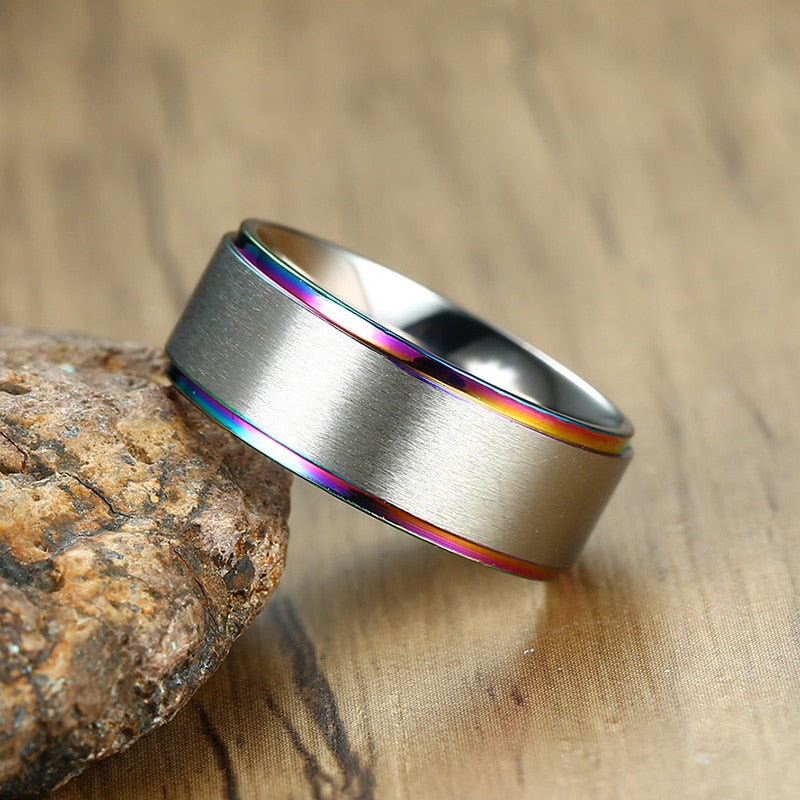 6/8mm Black Ring for Men Women Groove Rainbow Stainless Steel Wedding Bands Trendy Fraternal Rings Casual  Jewelry The Clothing Company Sydney