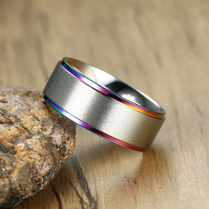 6/8mm Black Ring for Men Women Groove Rainbow Stainless Steel Wedding Bands Trendy Fraternal Rings Casual  Jewelry The Clothing Company Sydney