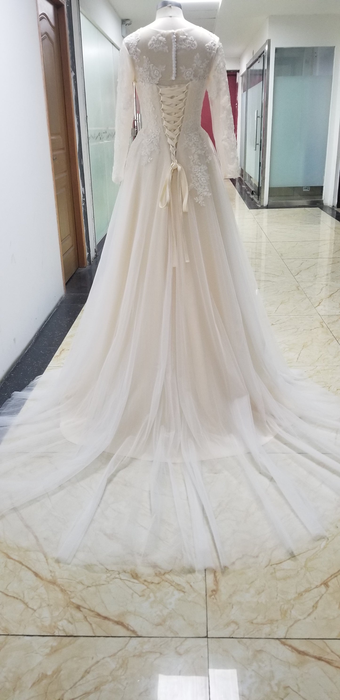 Long Sleeves Tulle A Line Lace Appliques Bridal Wedding Gowns Lace Up Vestido De Noiva Back Button Floor Length Wedding Dress The Clothing Company Sydney