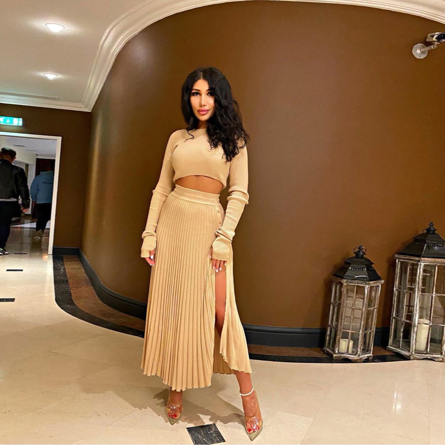 2 Piece Sweater Cropped Top Midi Skirt Matching Set Outfits Button Up Split Skirt Set The Clothing Company Sydney