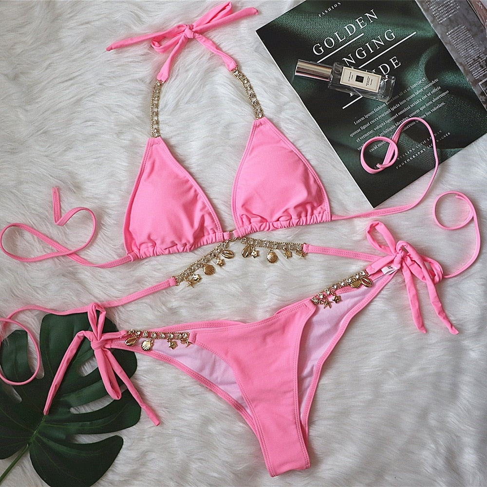 2 Piece Crystal Diamond Bikini Swimwear Swimsuit Chain Bandage Bikini Set Push Up Bathing Suits Summer Beach Wear The Clothing Company Sydney