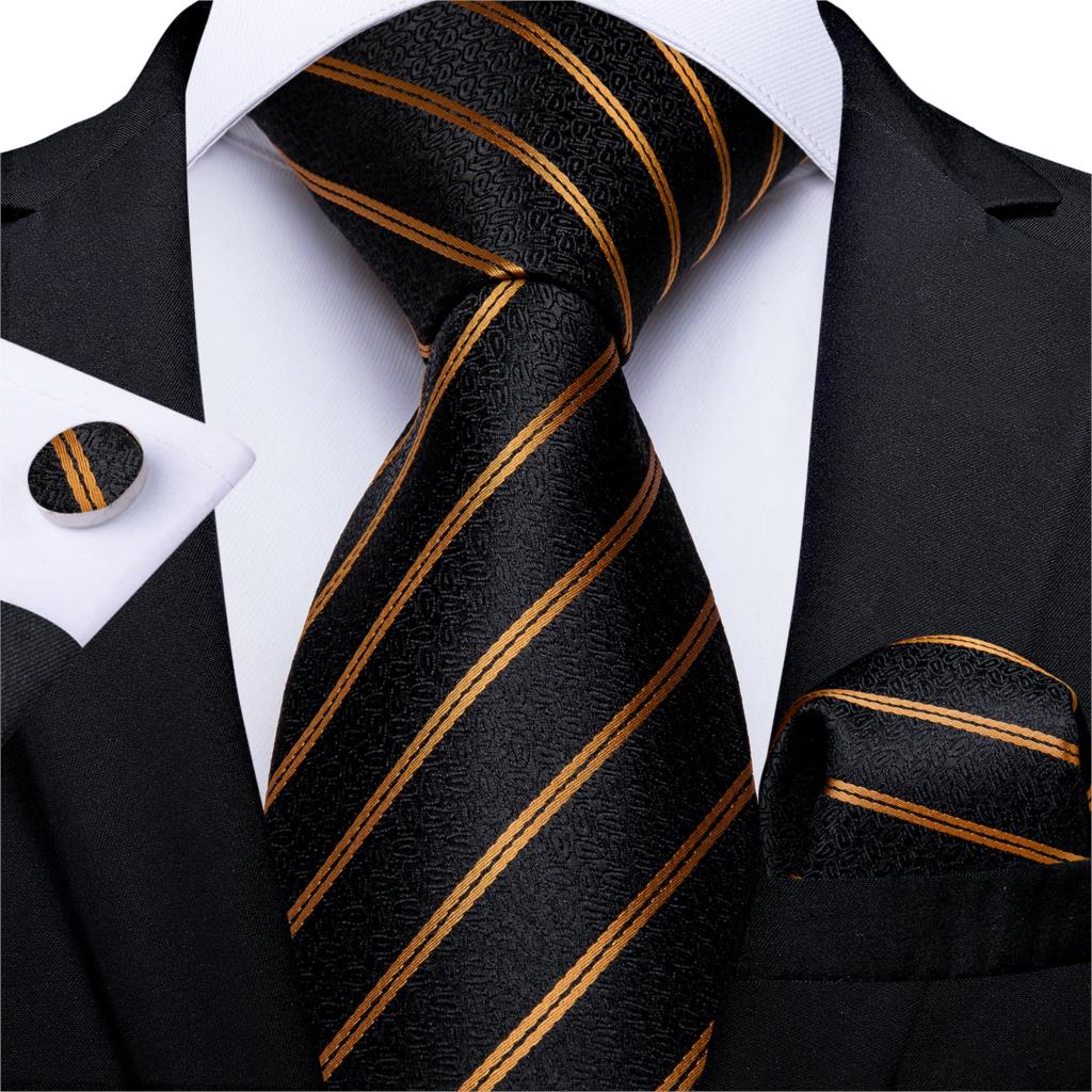 3 Piece Designer Men's Wedding Tie Gold Black Striped Silk Neck Ties For Men Hanky Cufflinks Set Business Party Wear The Clothing Company Sydney