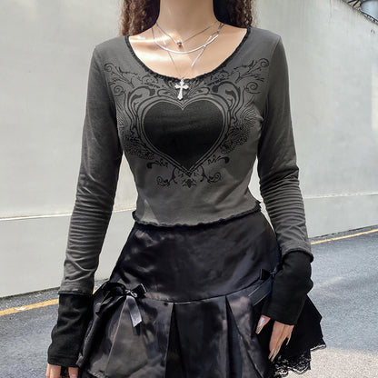 Grunge Retro Fashion Heart Printed Autumn T-shirts for Women Crop Top Dark Academia Gothic Clothes Aesthetic T shirt The Clothing Company Sydney