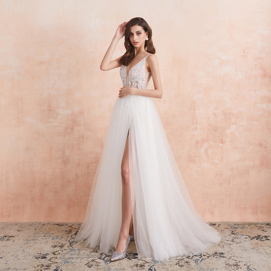 V Neck Wedding Dress White Ivory High Split Beaded Beading Pearls Crystal A Line Backless Bridal Gown The Clothing Company Sydney