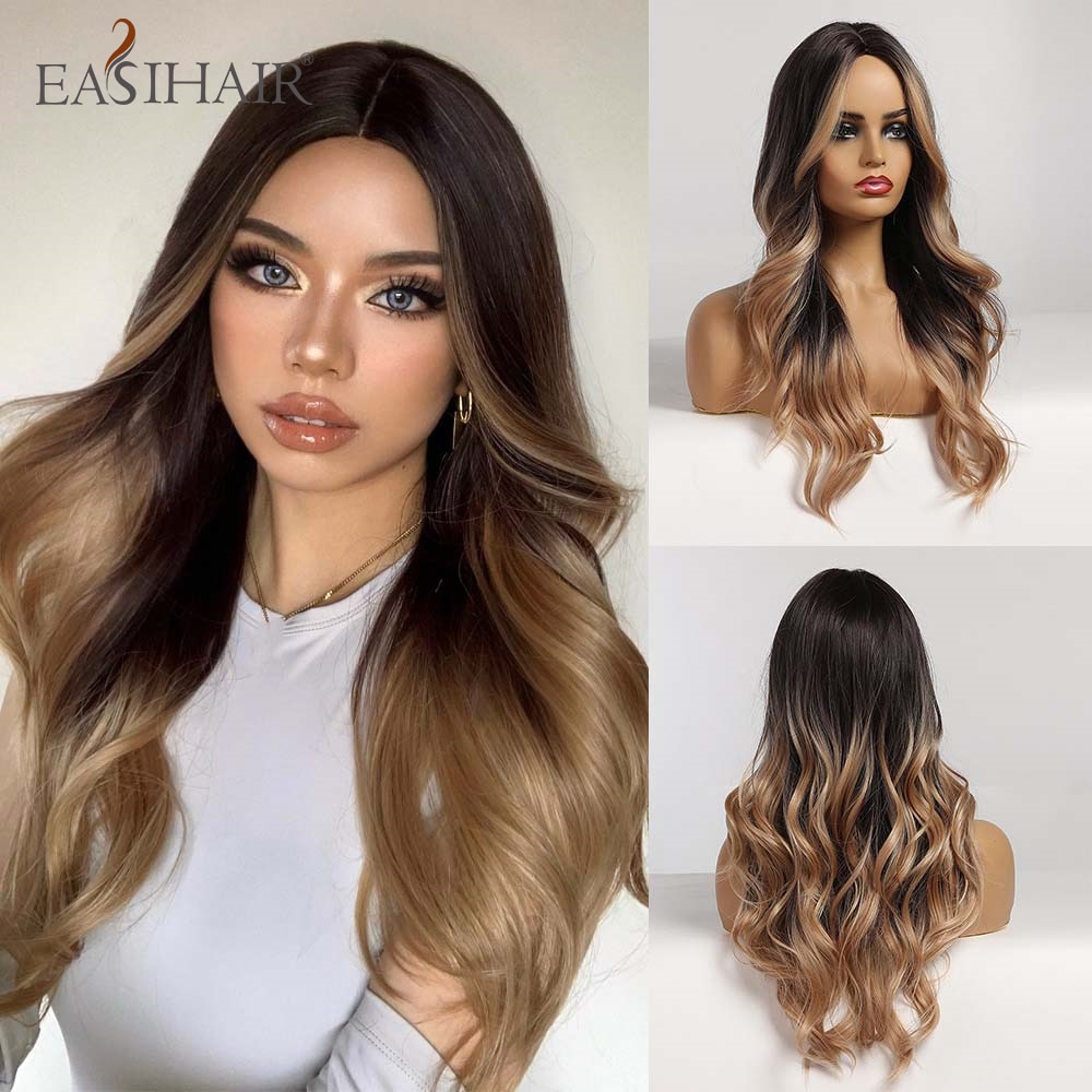 Ombre Brown Light Blonde Platinum Long Wavy Middle Part Hair Wig Cosplay Natural Heat Resistant Synthetic Wig for Women The Clothing Company Sydney