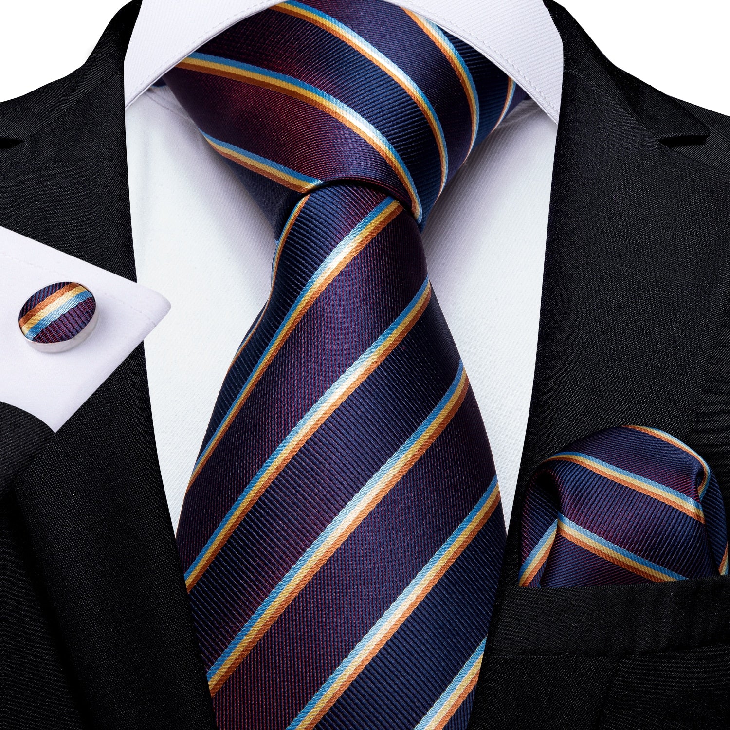 3 Piece Designer Men's Wedding Tie Gold Black Striped Silk Neck Ties For Men Hanky Cufflinks Set Business Party Wear The Clothing Company Sydney
