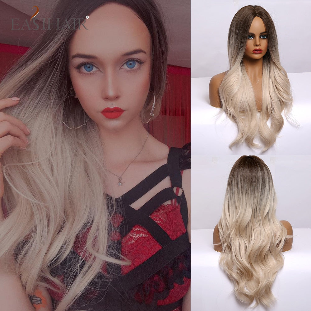 Ombre Brown Light Blonde Platinum Long Wavy Middle Part Hair Wig Cosplay Natural Heat Resistant Synthetic Wig for Women The Clothing Company Sydney