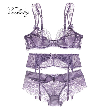 Ultra-Thin Gathered Plus Size Bowknot Floral Underwear Lace Strap Bra + Panties + Garte 3 Piece set The Clothing Company Sydney