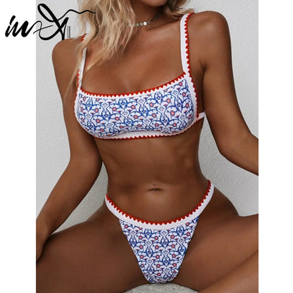 Printed Bandeau swimsuit Patchwork 2 pieces set High cut swimwear Sports bathing suit bikini set The Clothing Company Sydney