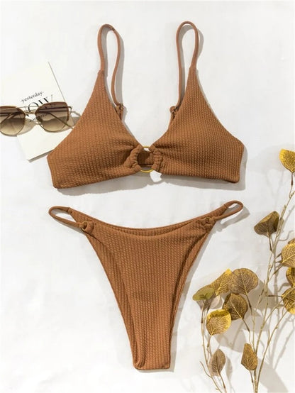 High Cut Rib Swimwear Solid Beachwear Bathing Suits Rings Bikini Sets Hollow Out Swimsuit The Clothing Company Sydney