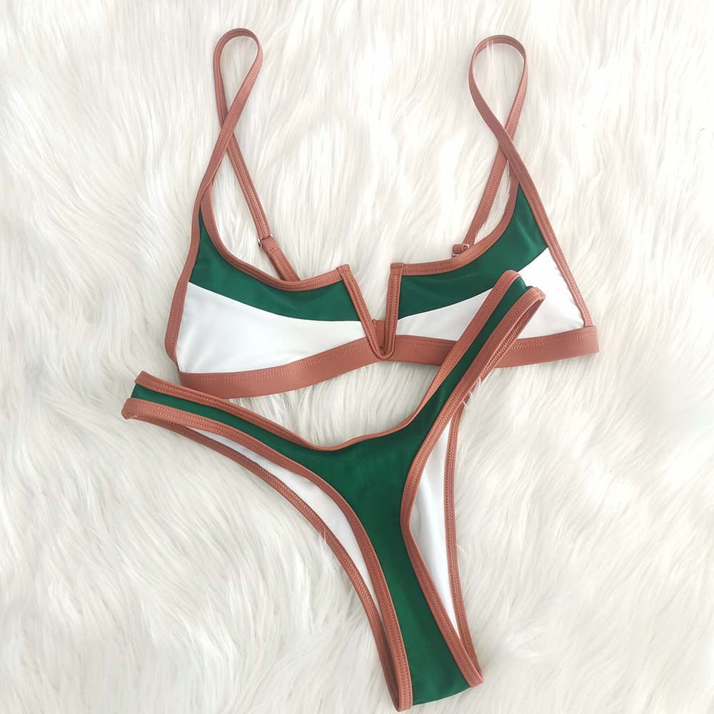 2 Piece Vintage Retro Bikini Patchwork Swimsuit Thong Brazilian Swimwear Summer Micro V-bar Green Bathing Suits The Clothing Company Sydney
