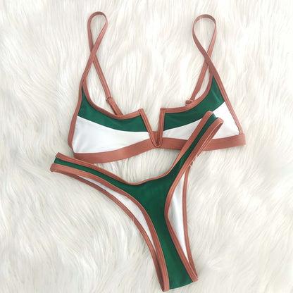 2 Piece Vintage Retro Bikini Patchwork Swimsuit Thong Brazilian Swimwear Summer Micro V-bar Green Bathing Suits The Clothing Company Sydney