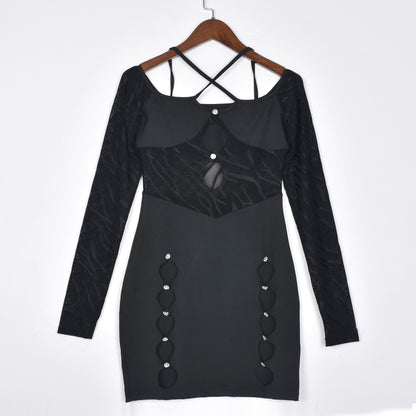 Halter Neck Off Shoulder Cut Out Bodycon Mini Dress Women Long Sleeve Backless Flocking Goth Black Dresses The Clothing Company Sydney