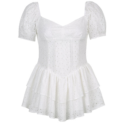 Hook Flower Mini Deep V Neck Vintage Puff Sleeve Short Summer Dress Boho Beach Sundress The Clothing Company Sydney