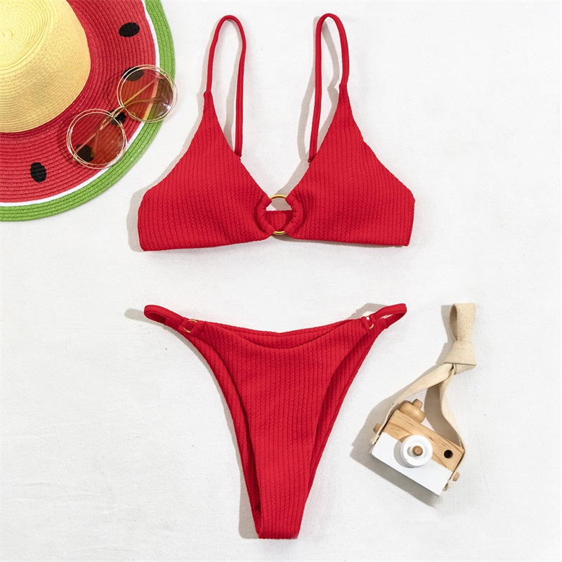 High Cut Rib Swimwear Solid Beachwear Bathing Suits Rings Bikini Sets Hollow Out Swimsuit The Clothing Company Sydney