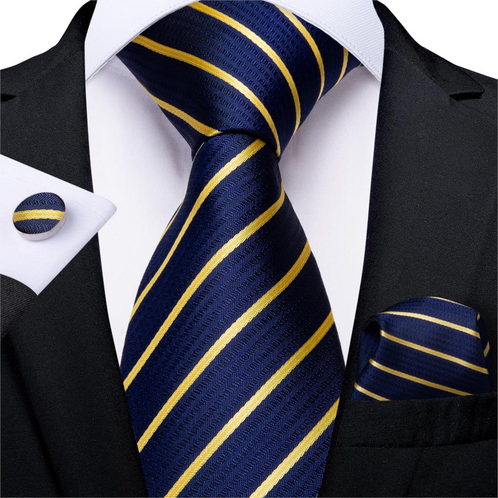 3 Piece Designer Men's Wedding Tie Gold Black Striped Silk Neck Ties For Men Hanky Cufflinks Set Business Party Wear The Clothing Company Sydney