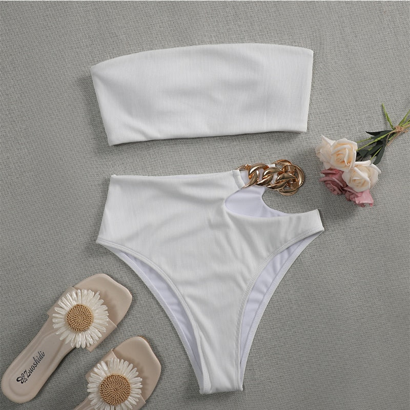 High Waist Swimwear Chain Swimsuit Bandeau 2 Piece Sports Bathing Suit Ribbed Set The Clothing Company Sydney