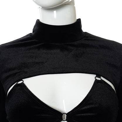 Two Piece Set Women Turtleneck Cut Out Long Sleeve Split Mini Dress+Bandage Lace Up Bra Autumn Goth Y2K Outfit The Clothing Company Sydney